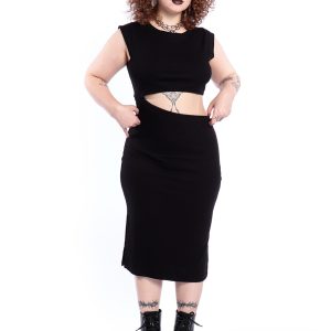 Vestido Canelado Preto Recortes Slasher