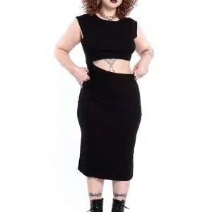 Vestido Canelado Preto Recortes Slasher