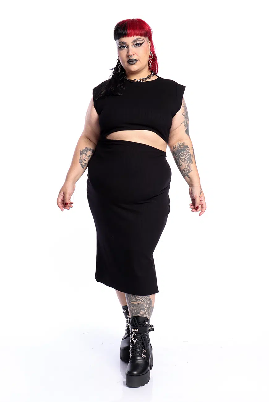 Vestido Canelado Preto Recortes Slasher - Imagem 3