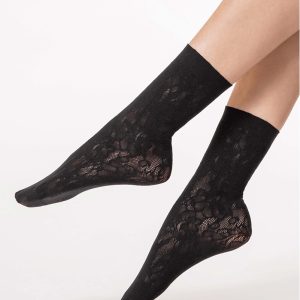 Meia Fina Soquete Floral Preta Lupo