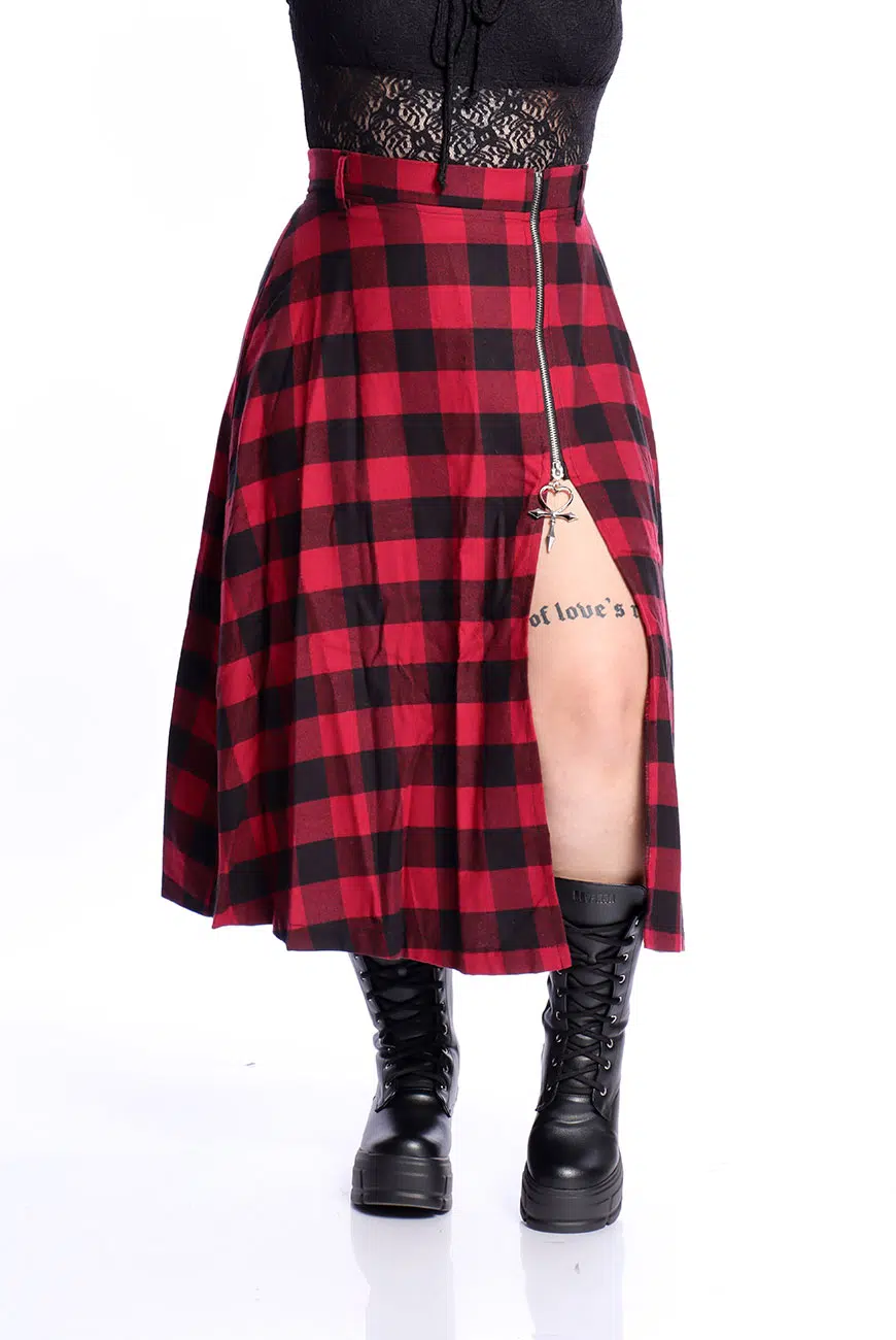 Saia Midi Xadrez Preto e Vermelho Bloodroot - Imagem 1