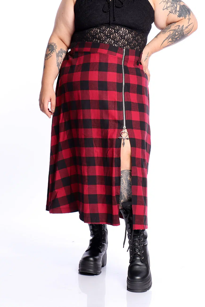 Saia Midi Xadrez Preto e Vermelho Bloodroot - Imagem 3