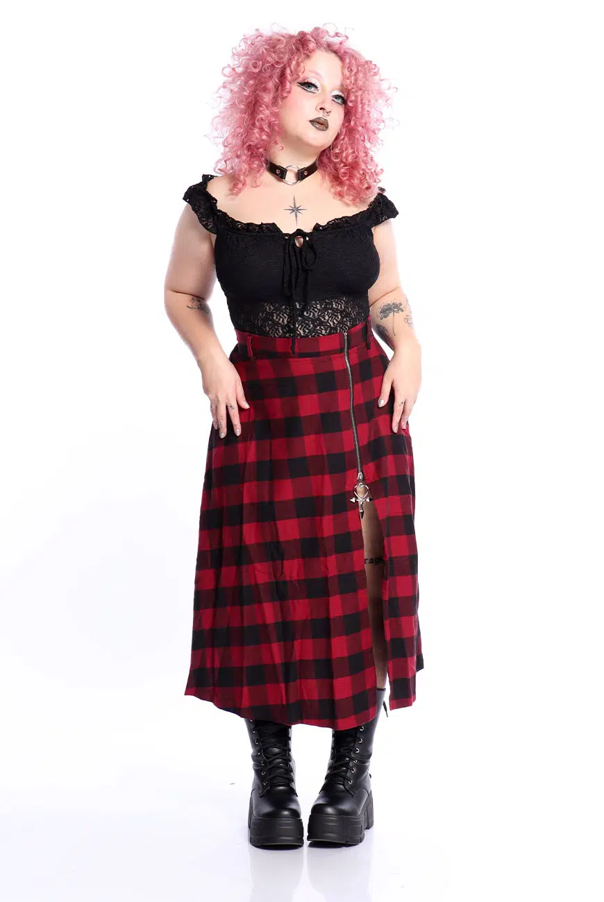 Saia Midi Xadrez Preto e Vermelho Bloodroot - Imagem 8