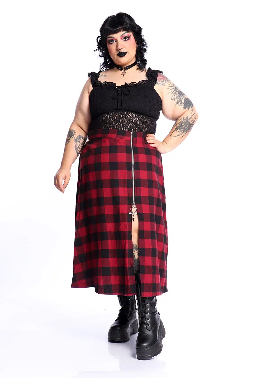Saia Midi Xadrez Preto e Vermelho Bloodroot - Imagem 9